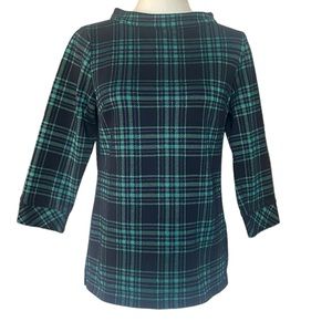 Talbots Blue & Green Plaid 3/4 Sleeve Heavy Weight Stretch Knit Top Back Zip S